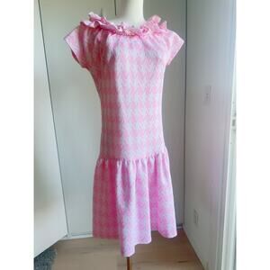 Vintage 60s Pink Houndstooth Dress Size Medium Drop Waist Ruffle Neckline Mod